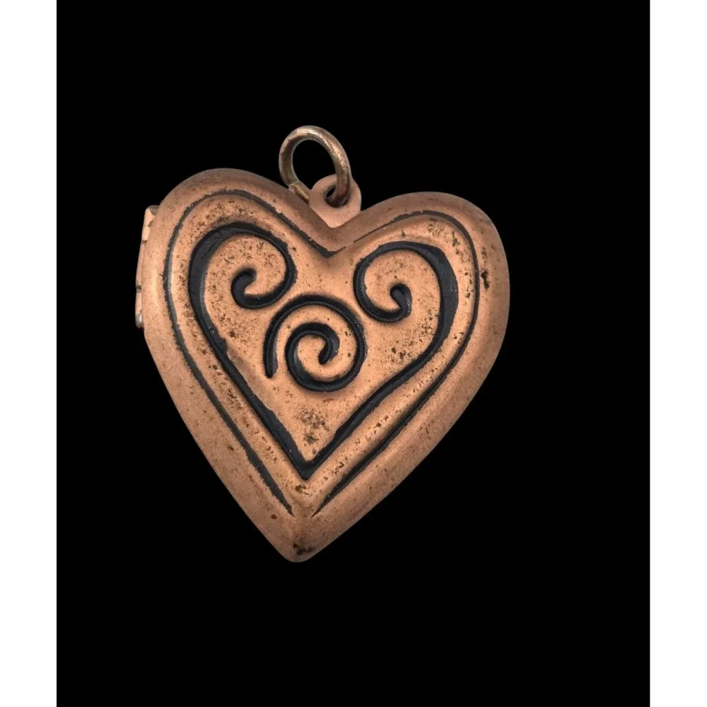 Vintage Copper‎ Heart Photo Picture Locket Pendant Charm Black Scroll Women's